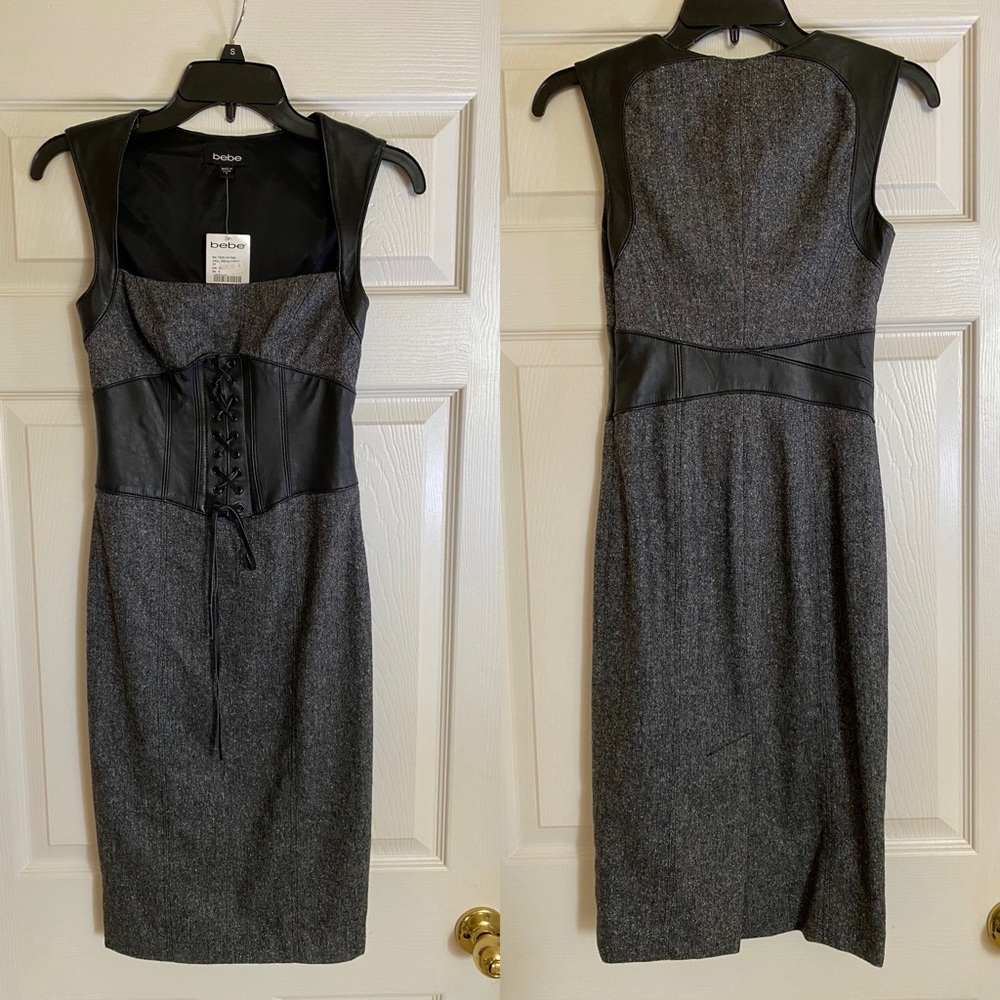 NEW: BEBE Black/Gray Leather Dress size 0